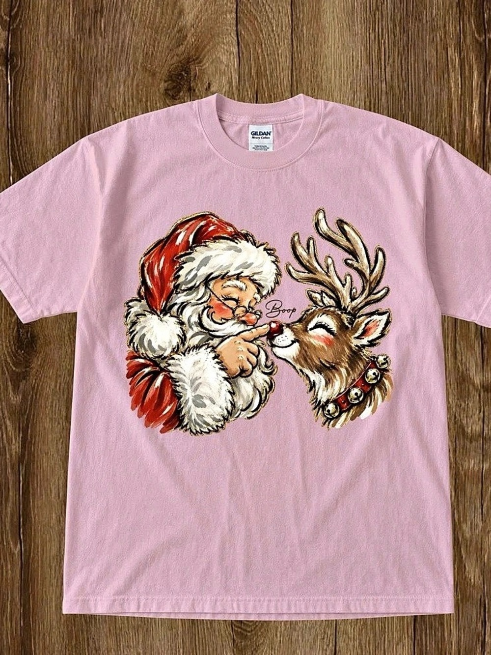 Gildan Santa Reindeer Graphic Short Sleeve Tee in Pink